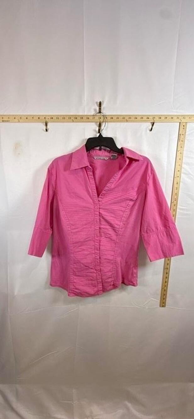 Vtg Larry Levine Signature Womens XL Shirt Pink Ruched Pleated 3/4 Sleeve Blouse